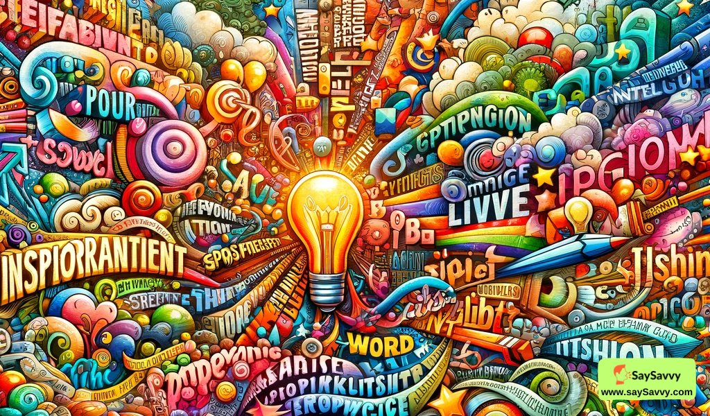 Colorful mural of inspirational words and symbols, illustrating the power of words