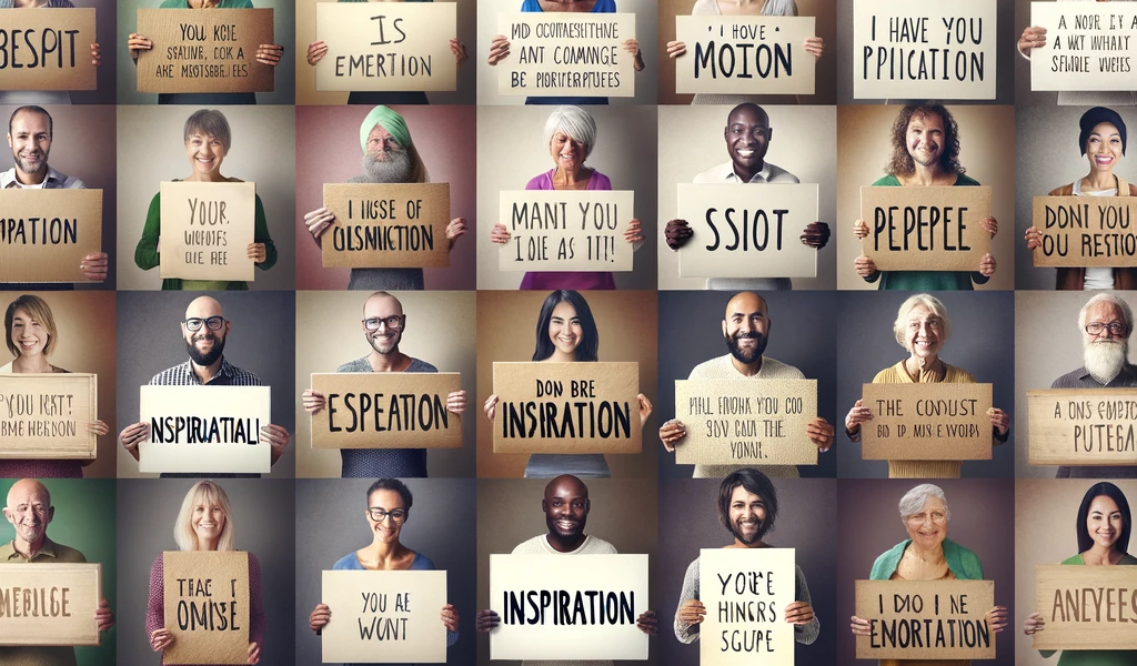 Collage of diverse individuals holding signs with inspirational quotes