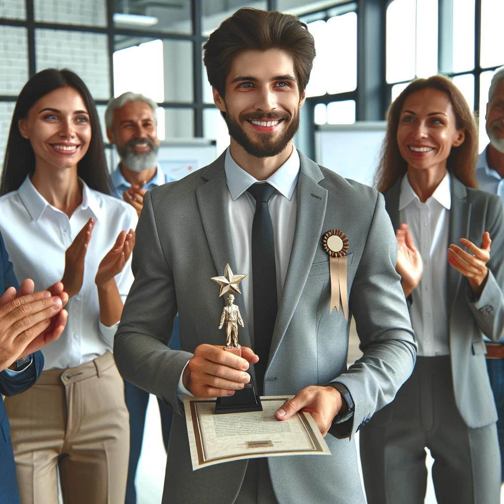 Employee receiving appreciation award in office.