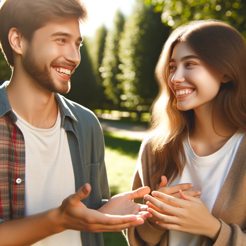 Two friends expressing gratitude with smiles outdoors.