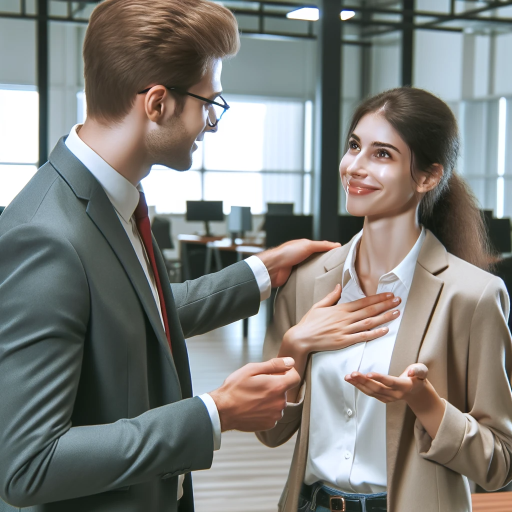 Person giving genuine compliment to colleague at work.