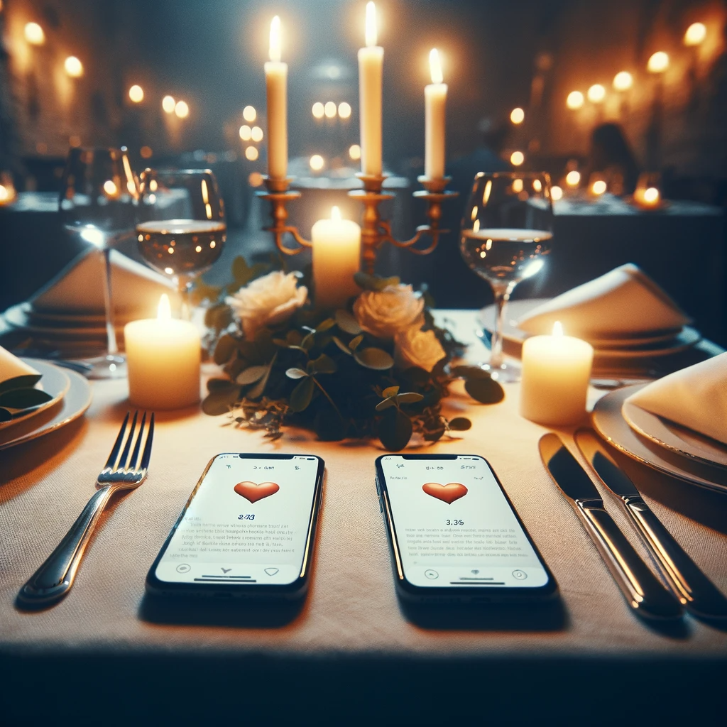 Romantic dinner with loving messages on phones.