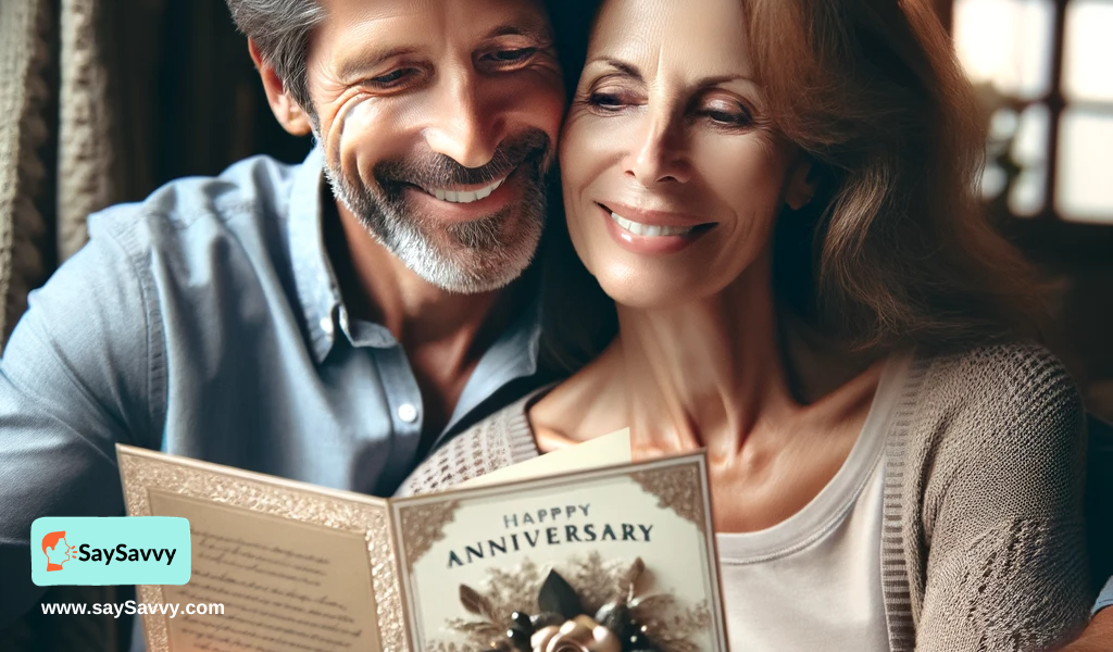 A couple reading a touching anniversary card