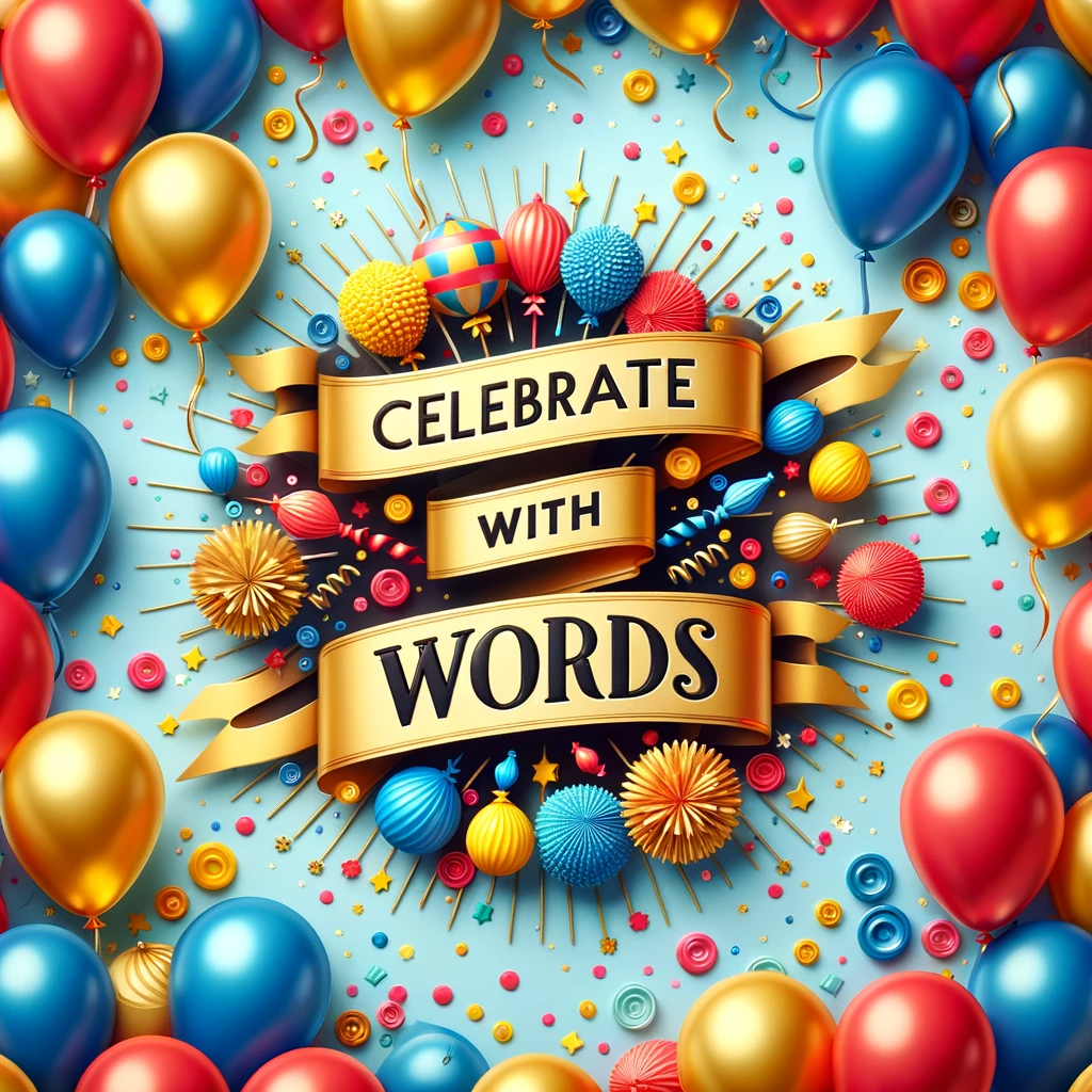 Festive celebration background with balloons, confetti, and 'Celebrate with Words' banner