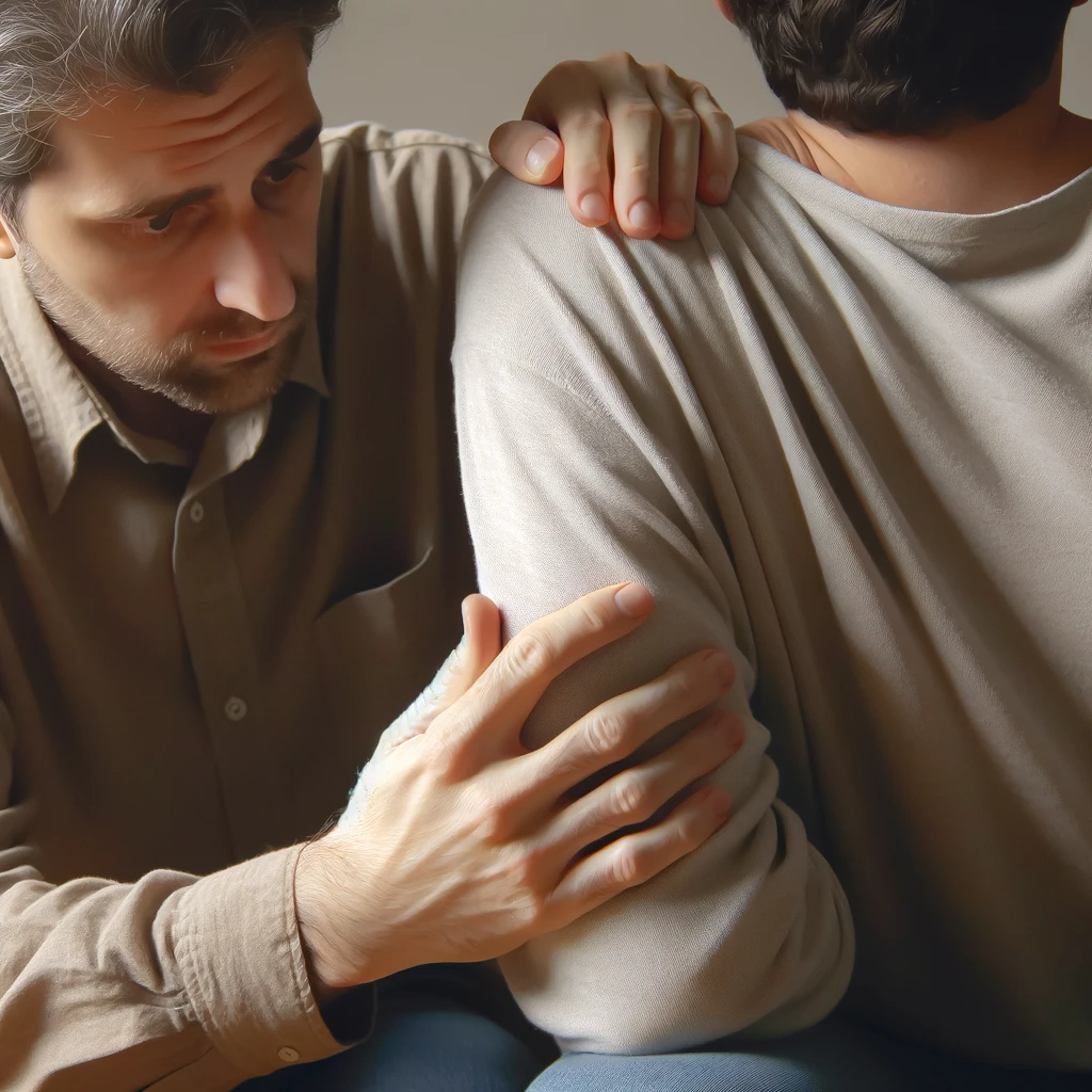 Person offering comforting support to a friend, epitomizing empathy and understanding.