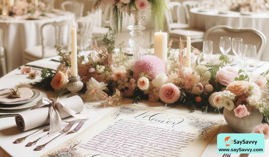 An elegant wedding setup with personalized vows in calligraphy