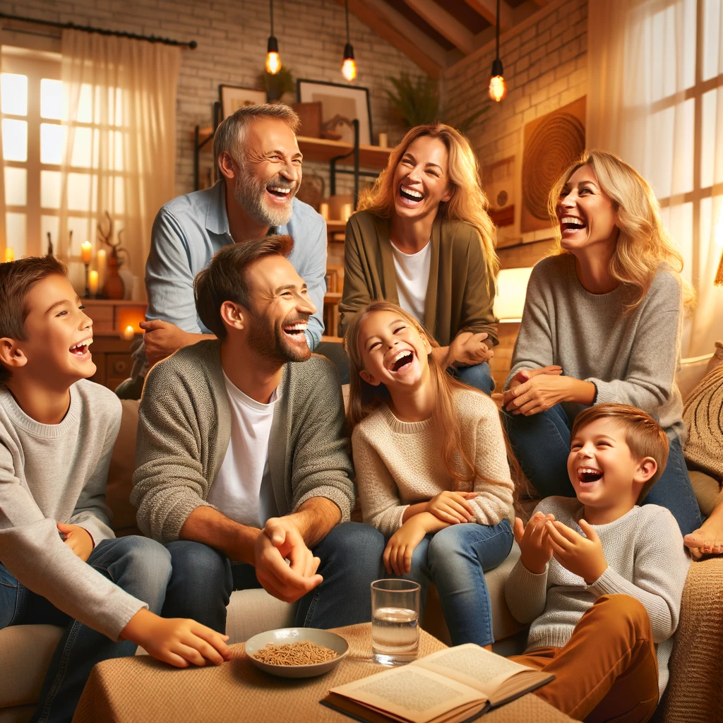 Joyful family sharing stories in a cozy living room, depicting strong family bonds